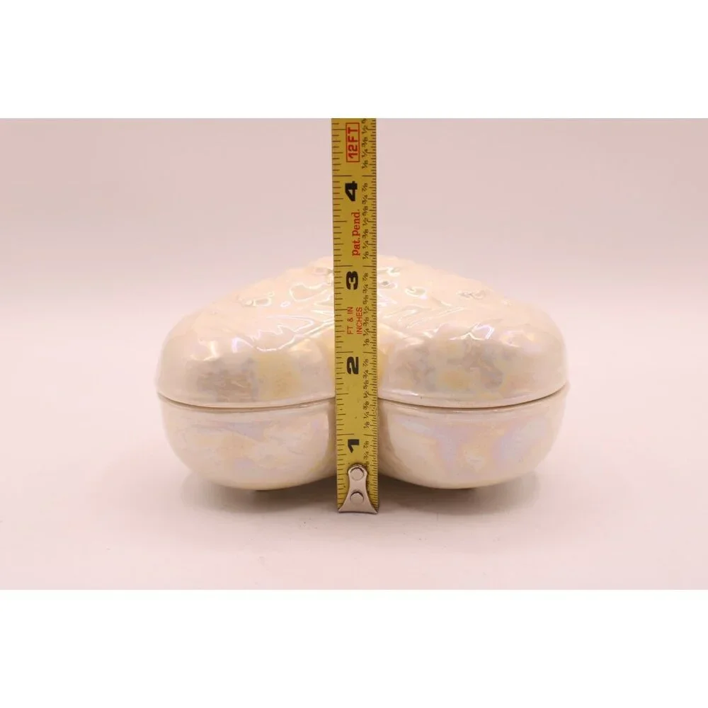 Opalescent Iridescent Ceramic Heart Trinket Box Embossed Rose Lid Vintage 1983